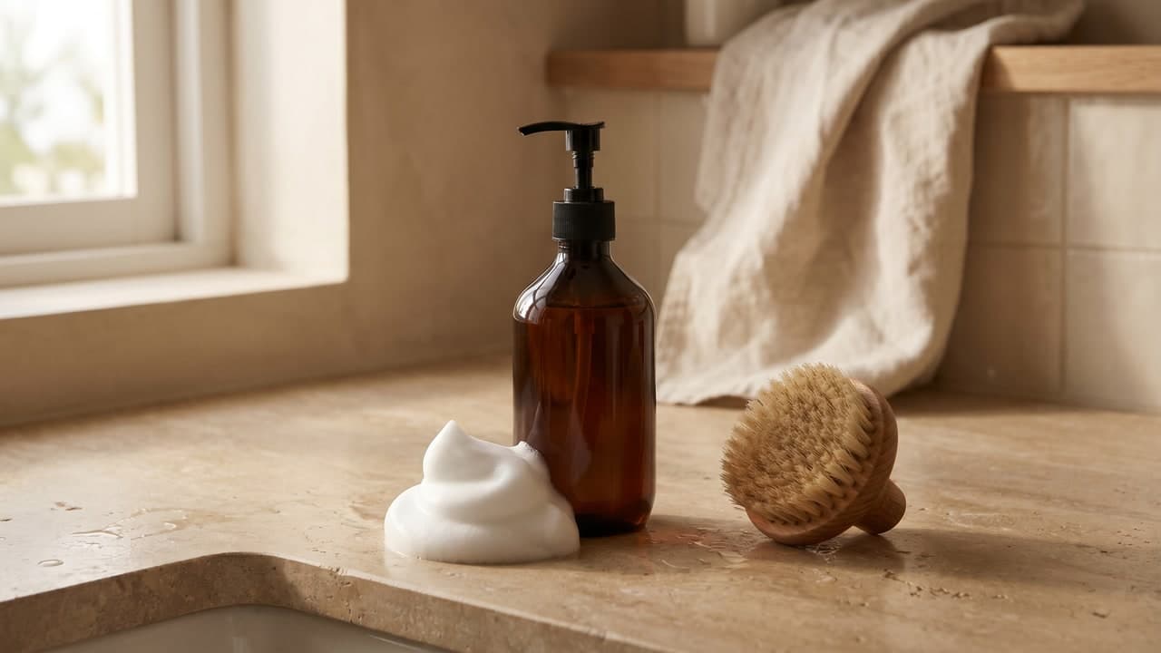 Flacon ambré de shampooing pharmaceutique non marqué et mousse posés sur une surface beige, ambiance soin du cuir chevelu premium.