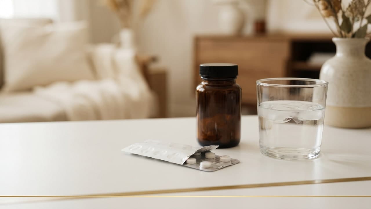Plaquette de comprimés non marqués et flacon ambré sur une surface blanche, illustrant le minoxidil oral pour les cheveux