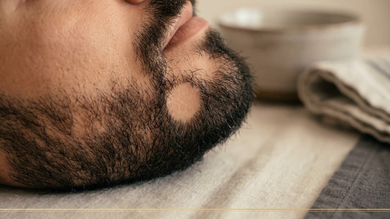 Gros plan d'une barbe présentant une plaque ronde et lisse sans poils évoquant la pelade