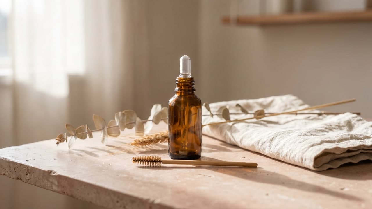 Nature morte soignée avec flacon compte-gouttes non marqué, brosse à sourcils et linge sur fond beige rosé, ambiance soin apaisante.