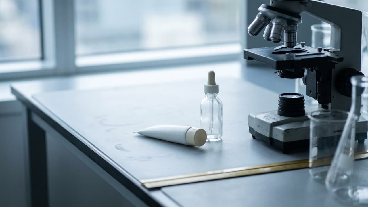 Paillasse de laboratoire de recherche avec un tube de gel topique générique et un microscope, illustrant un médicament expérimental contre la calvitie