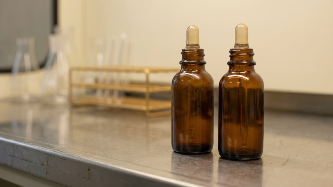 Deux flacons compte-gouttes ambrés non étiquetés de solution topique expérimentale sur une paillasse de laboratoire, illustrant le statut de produit de recherche du RU58841 et du pyrilutamide