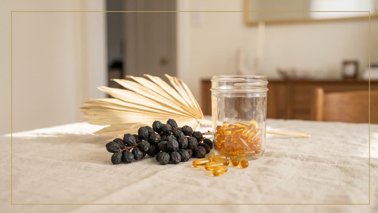 Baies de palmier nain et capsules non marquées posées près d'une feuille de palmier sur fond beige, ambiance complément naturel premium.