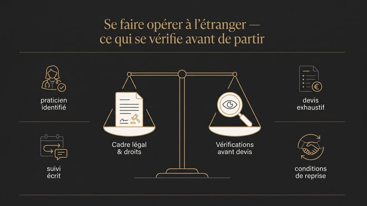 Infographie éditoriale illustrant les deux plateaux d'une décision d'opération à l'étranger : le cadre légal et les droits du patient d'un côté, les vérifications à mener avant tout devis de l'autre