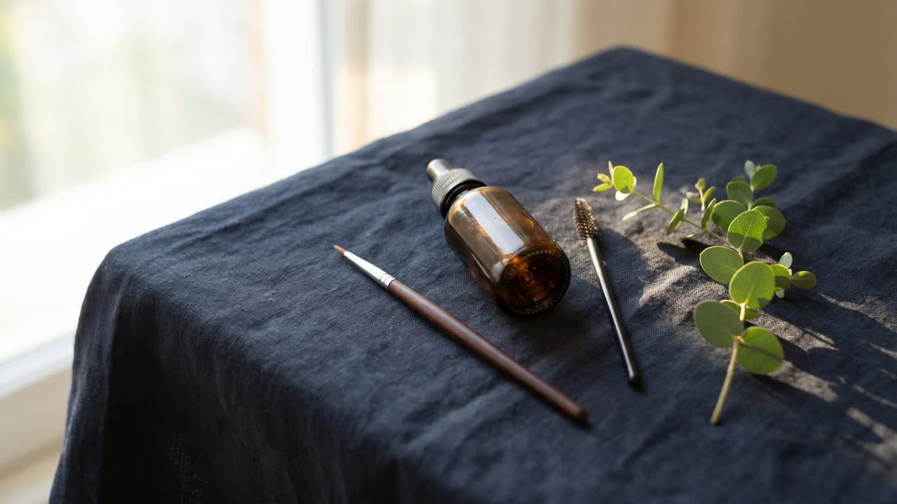 Flacon de sérum cosmétique non marqué avec applicateur et brosse à sourcils sur fond bleu nuit, ambiance soin premium.