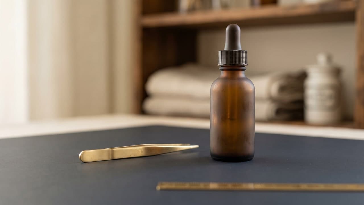 Pince à épiler et flacon de sérum cosmétique posés sur une surface bleu nuit, ambiance clinique.