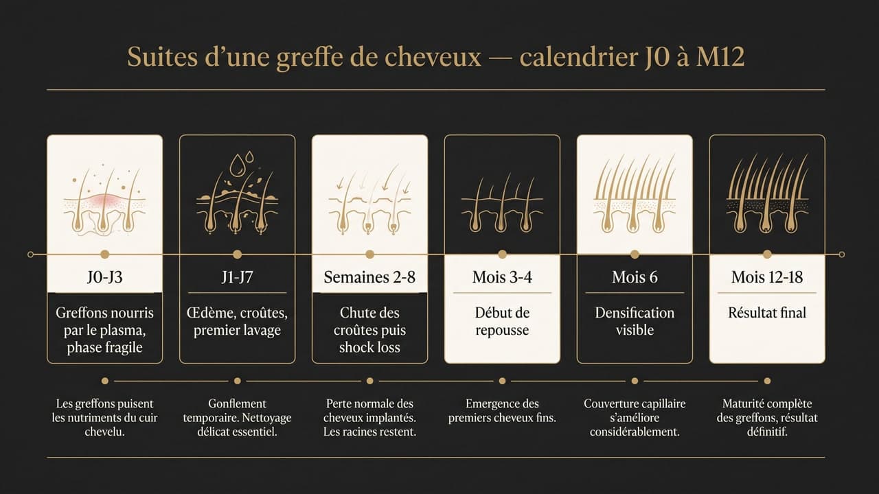 Calendrier médical des suites d'une greffe de cheveux de J0 à M12 — phase fragile, œdème, croûtes, shock loss, repousse et résultat final