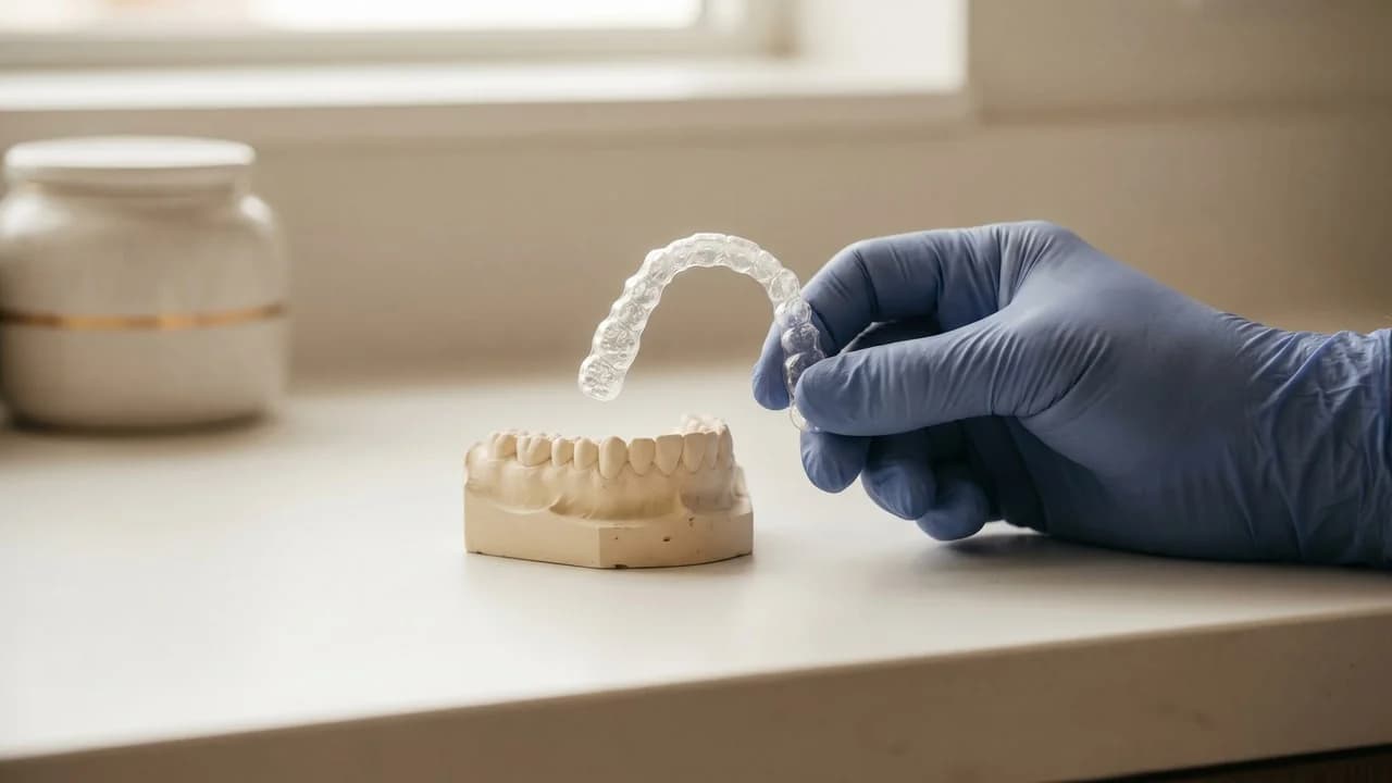 Gouttière orthodontique transparente tenue près d'un modèle dentaire sur fond clinique blanc