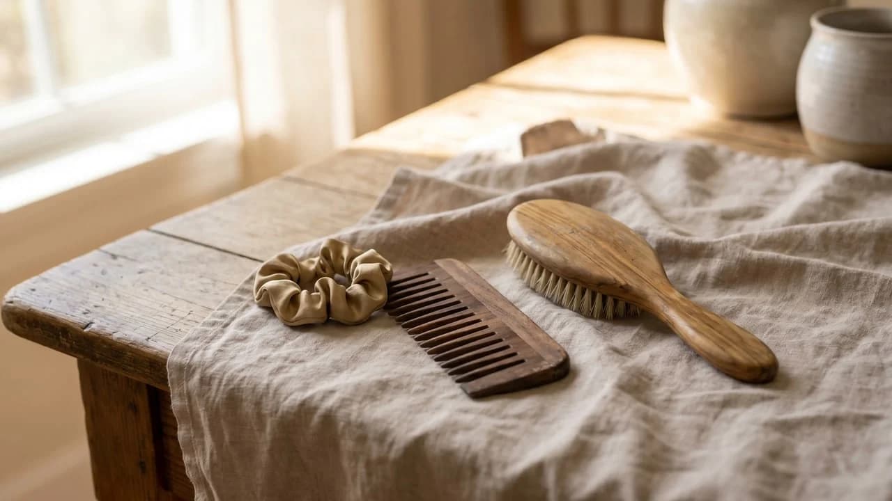 Nature morte de peigne en bois, élastique souple et brosse à cheveux sur fond beige, évoquant un coiffage doux sans tension.