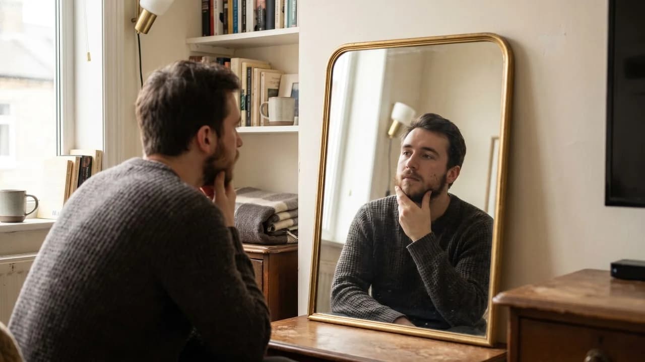 Jeune homme observant dans un miroir sa barbe clairsemée aux joues, dans une lumière douce de studio
