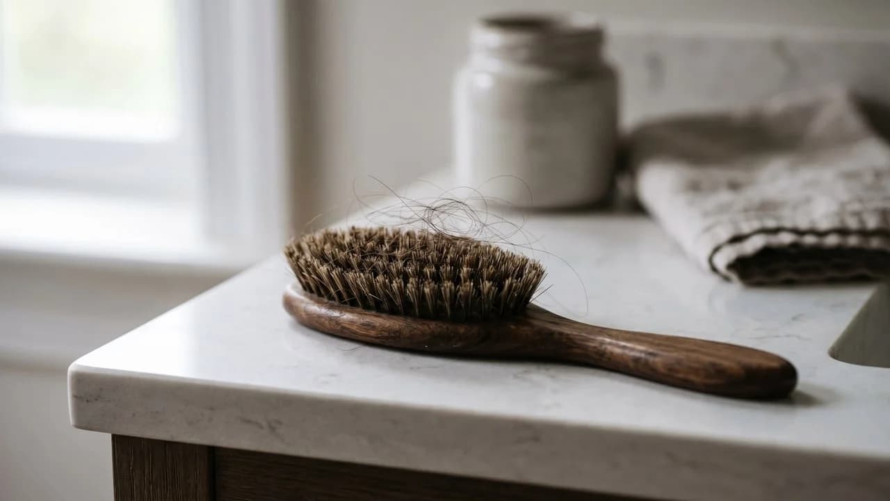Brosse à cheveux avec quelques mèches détachées, illustrant une chute diffuse passagère