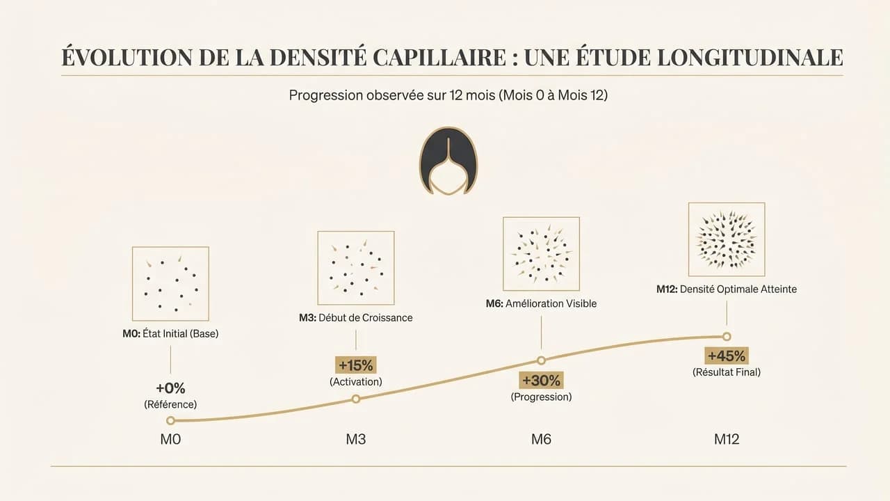 Illustration de l'évolution de la densité capillaire sous finastéride de M0 à M12