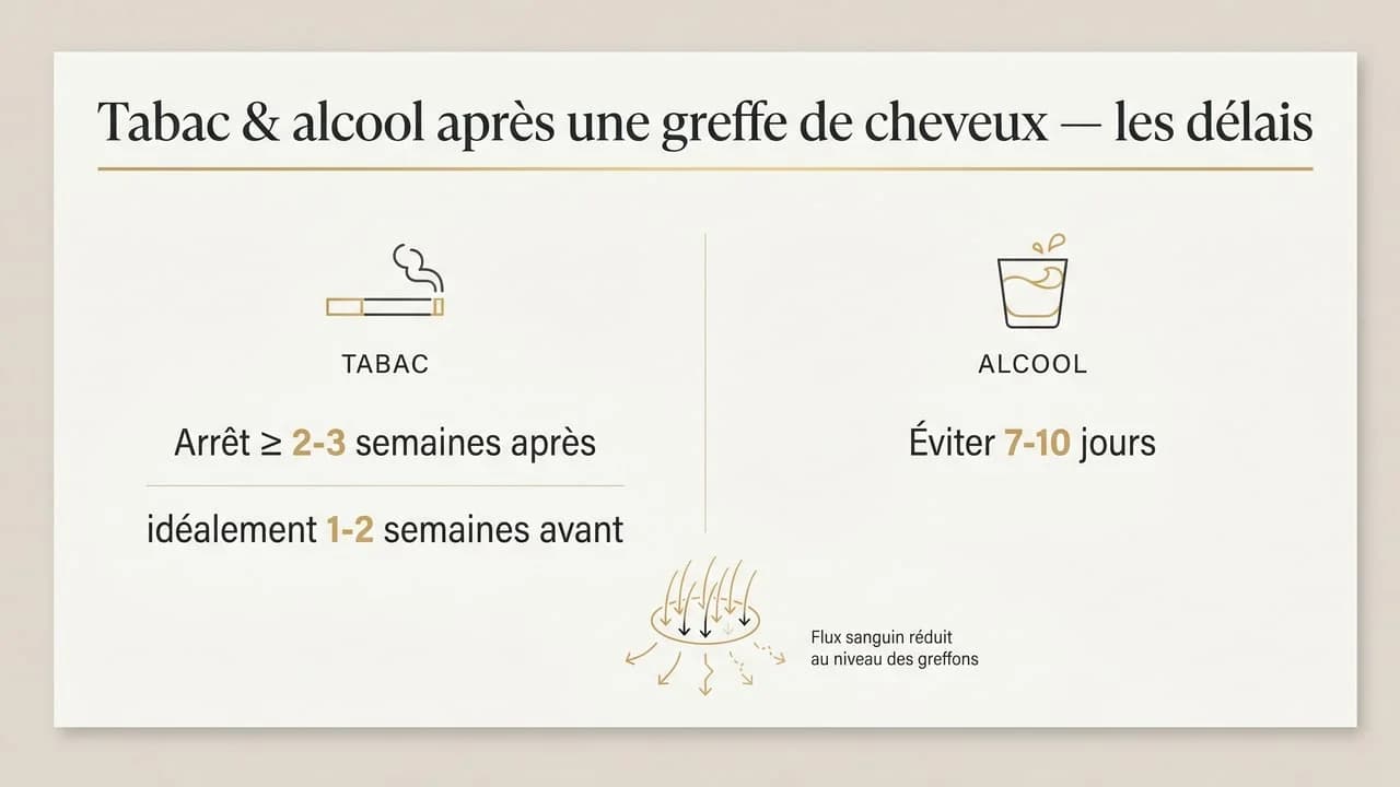 Infographie des délais d'abstinence de tabac et d'alcool autour d'une greffe de cheveux — arrêt du tabac 2 à 3 semaines après, alcool 7 à 10 jours