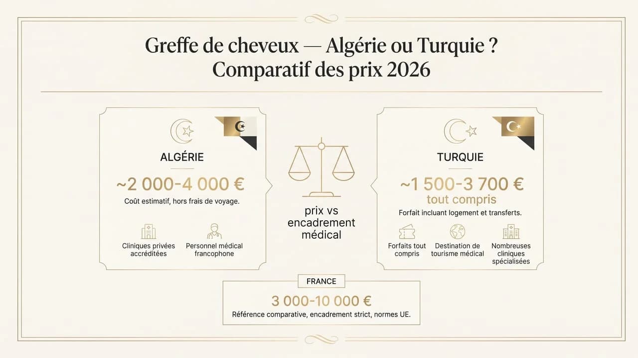 Infographie comparant les prix d'une greffe de cheveux en Algérie (2 000-4 000 €) et en Turquie (1 500-3 700 € tout compris), avec la France en référence