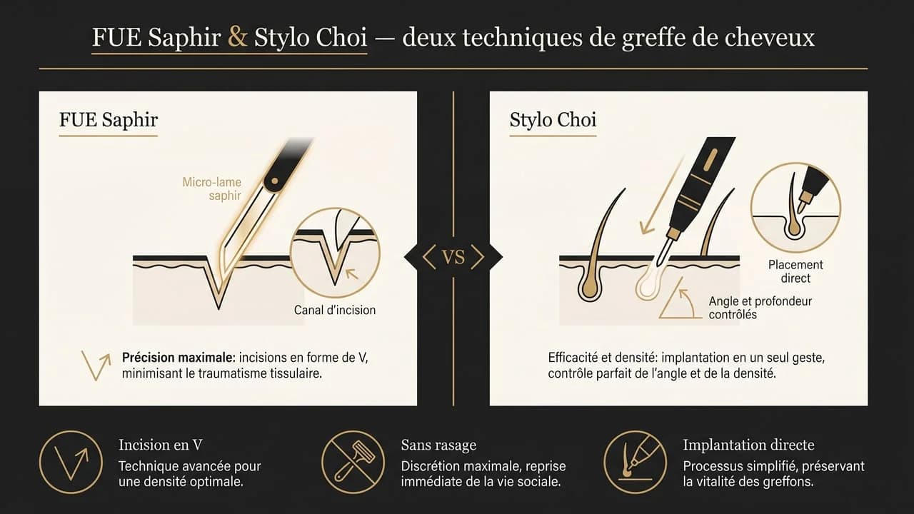 Infographie comparant la technique FUE Saphir (lame de saphir, incision en V) et le stylo Choi (implantation directe du greffon) en greffe de cheveux chez Renaissance Clinique