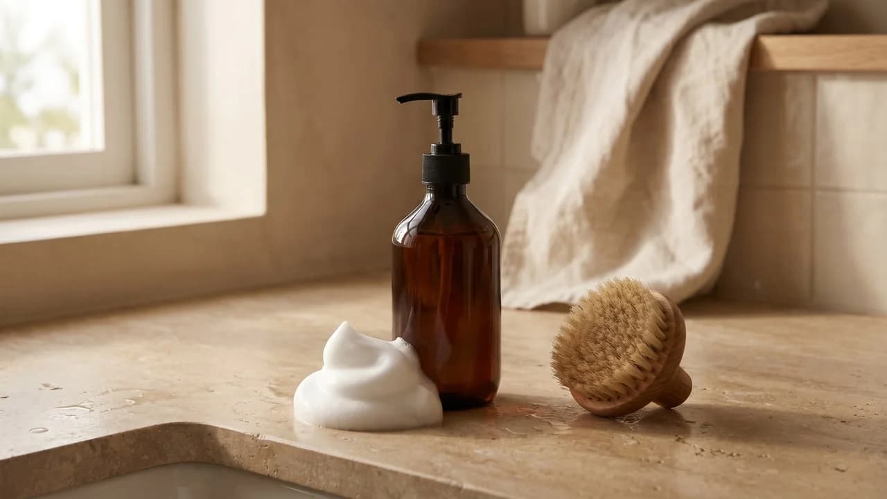 Flacon ambré de shampooing pharmaceutique non marqué et mousse posés sur une surface beige, ambiance soin du cuir chevelu premium.