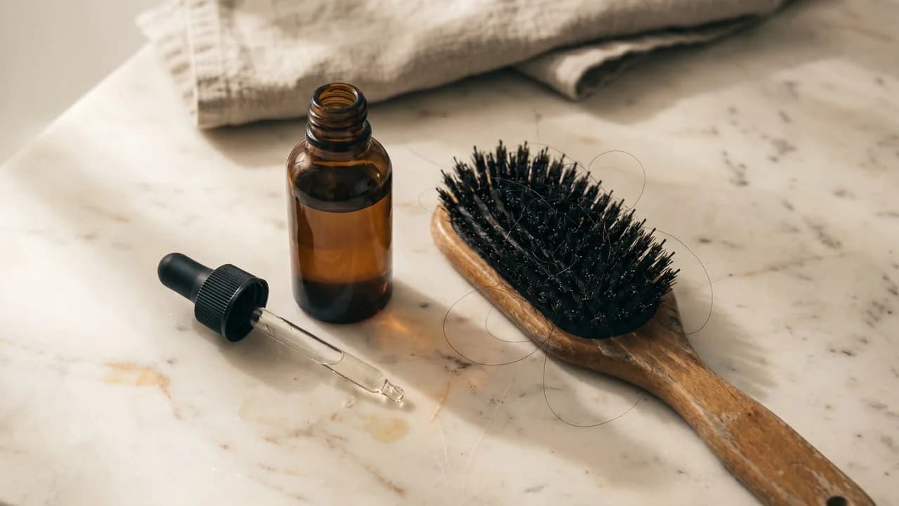 Flacon de solution topique et brosse avec quelques cheveux, évoquant le shedding sous minoxidil
