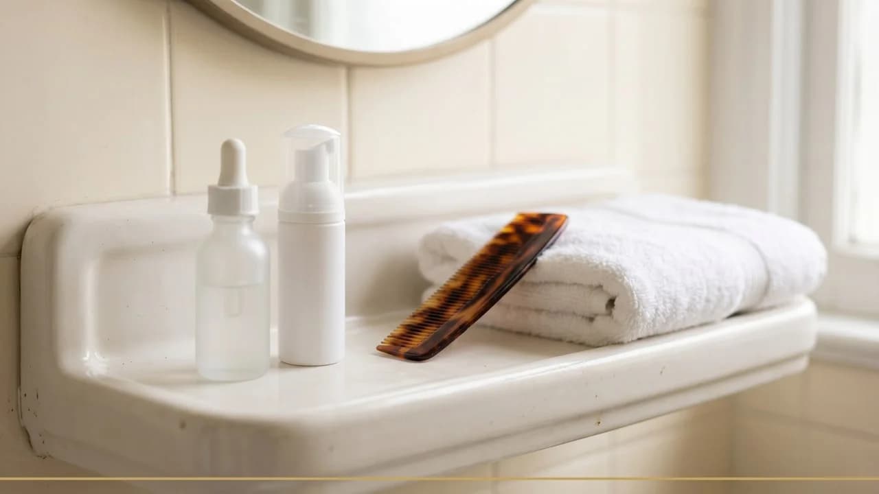 Flacons de solution topique non marqués sur une étagère de salle de bain, illustrant l'usage du minoxidil sur la barbe