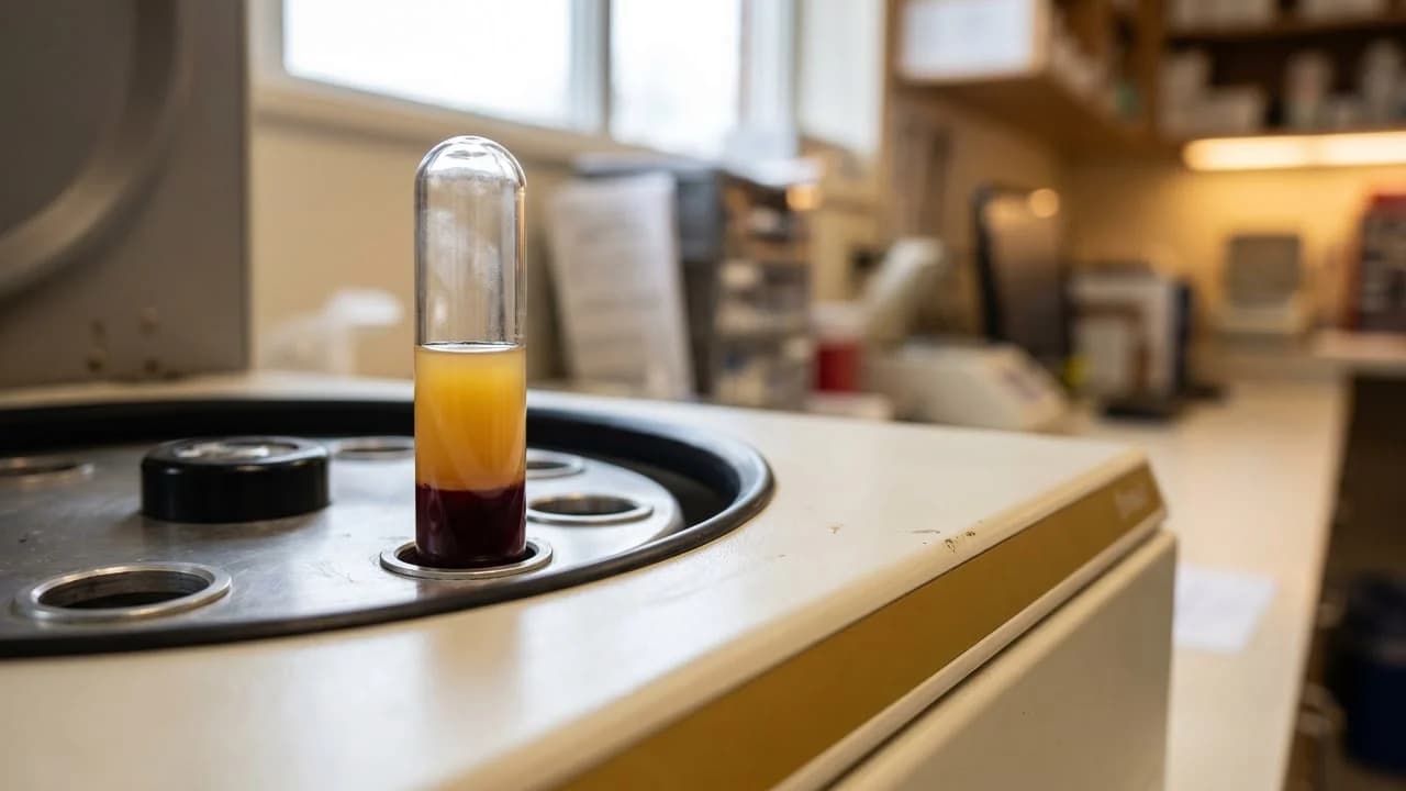 Tube de plasma riche en plaquettes séparé du sang dans une centrifugeuse de laboratoire