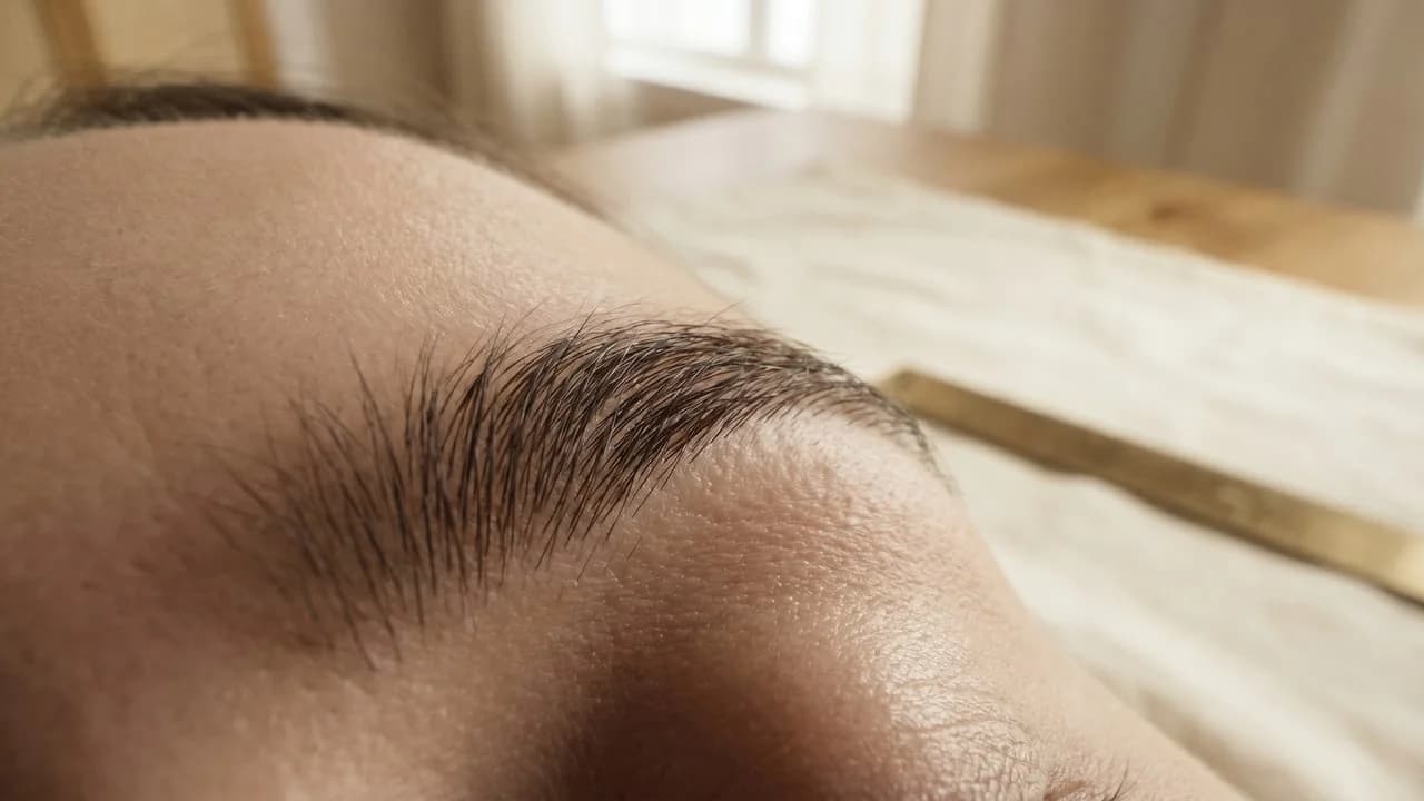 Gros plan macro sur un sourcil aux poils clairsemés par endroits sur une peau saine