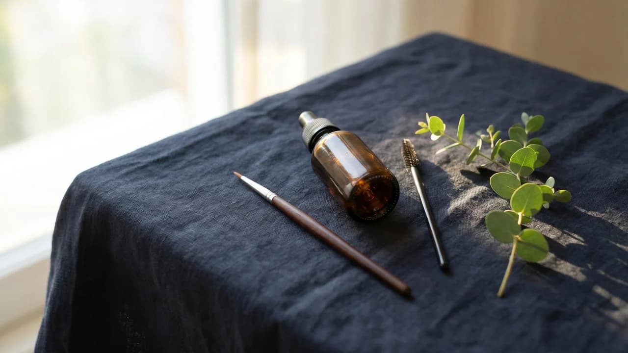 Flacon de sérum cosmétique non marqué avec applicateur et brosse à sourcils sur fond bleu nuit, ambiance soin premium.