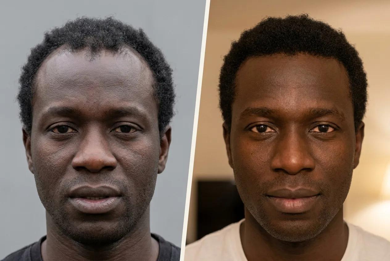 Résultat greffe de cheveux FUE Saphir Istanbul - 3200 greffons - 12 mois après - Golfes et Vertex - Patient Sénégal - Renaissance Clinique Turquie