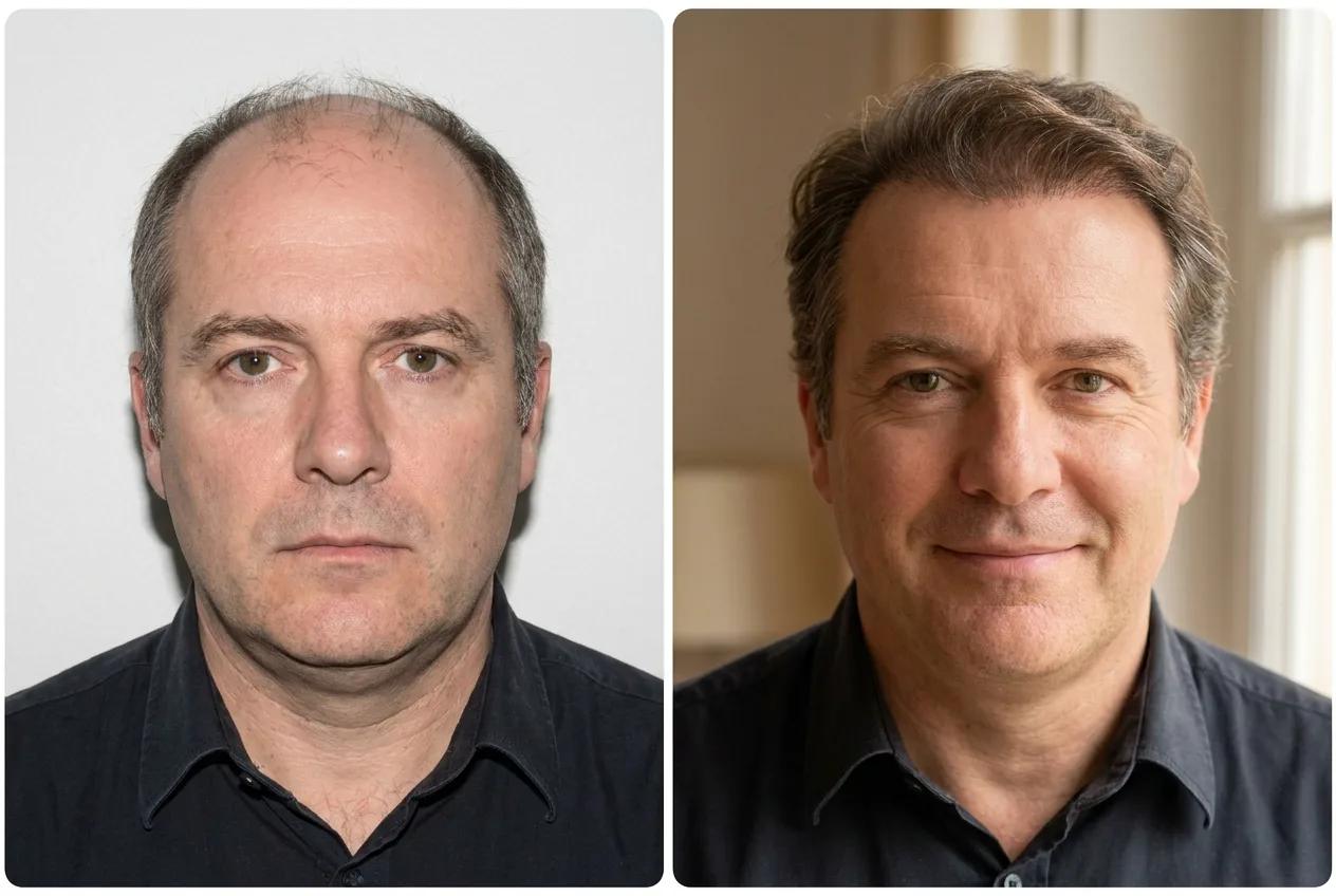 Résultat greffe de cheveux FUE Saphir Istanbul - 4700 greffons - 14 mois après - Ligne frontale et Vertex - Patient France - Renaissance Clinique Turquie