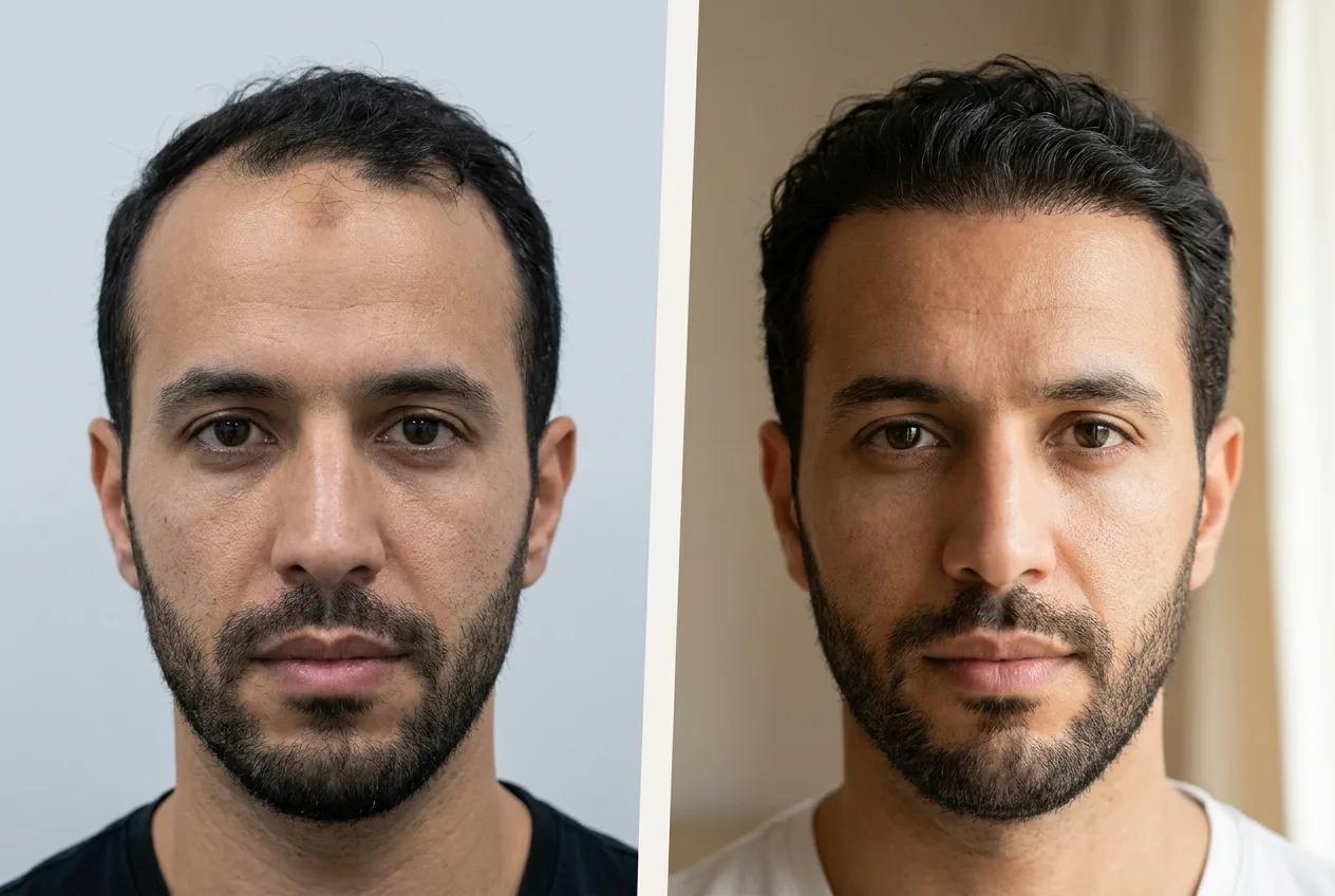 Résultat greffe de cheveux Choi Pen Istanbul - 3000 greffons - 12 mois après - Golfes et Ligne frontale - Patient Maroc - Renaissance Clinique Turquie