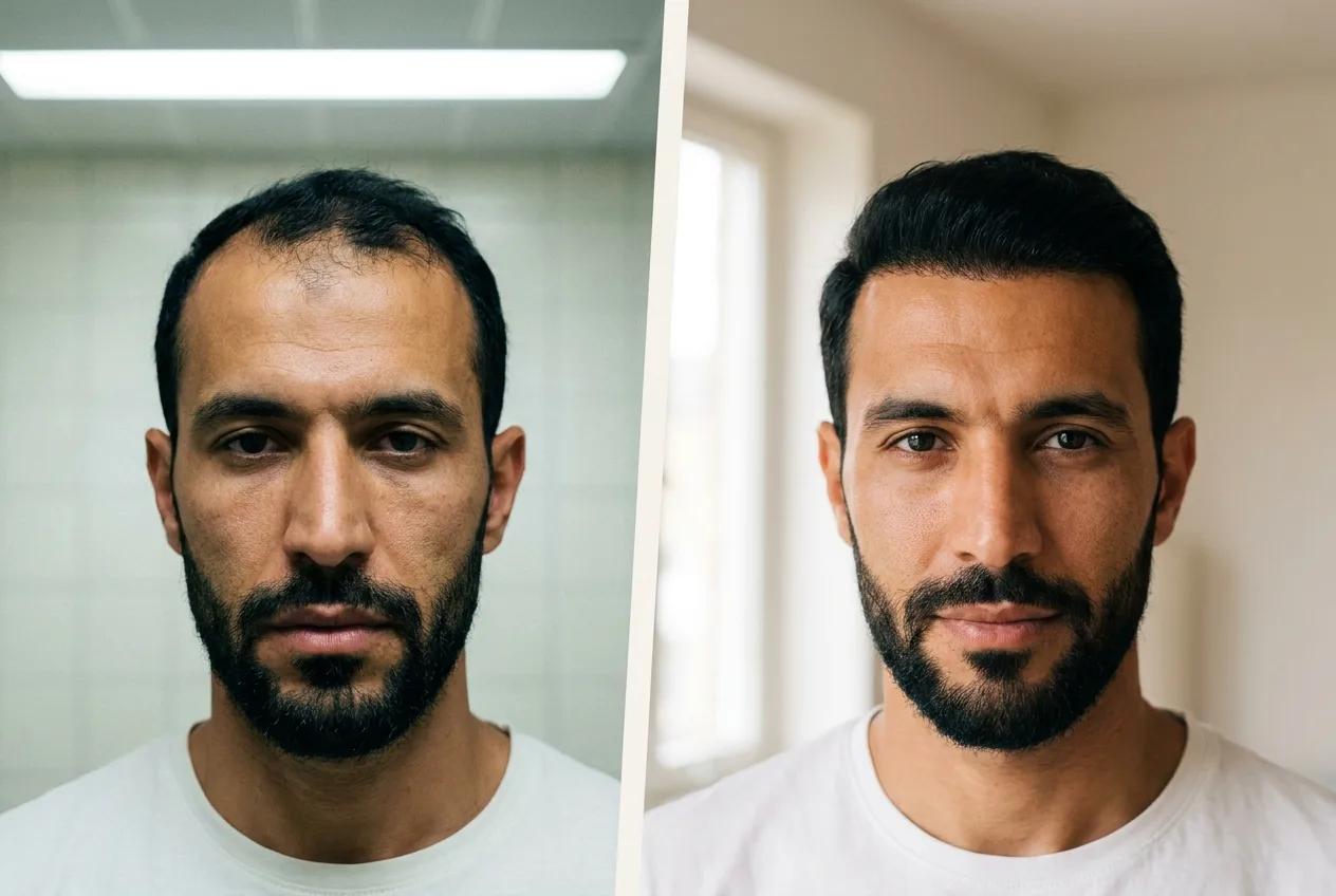 Résultat greffe de cheveux FUE Saphir + Choi Pen Istanbul - 3500 greffons - 12 mois après - Golfes et Ligne frontale - Patient Algérie - Renaissance Clinique Turquie