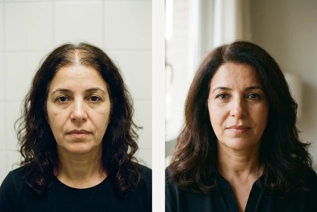 Résultat greffe de cheveux FUE Saphir Istanbul - 2200 greffons - 13 mois après - Raie centrale et Vertex - Patient Algérie - Renaissance Clinique Turquie