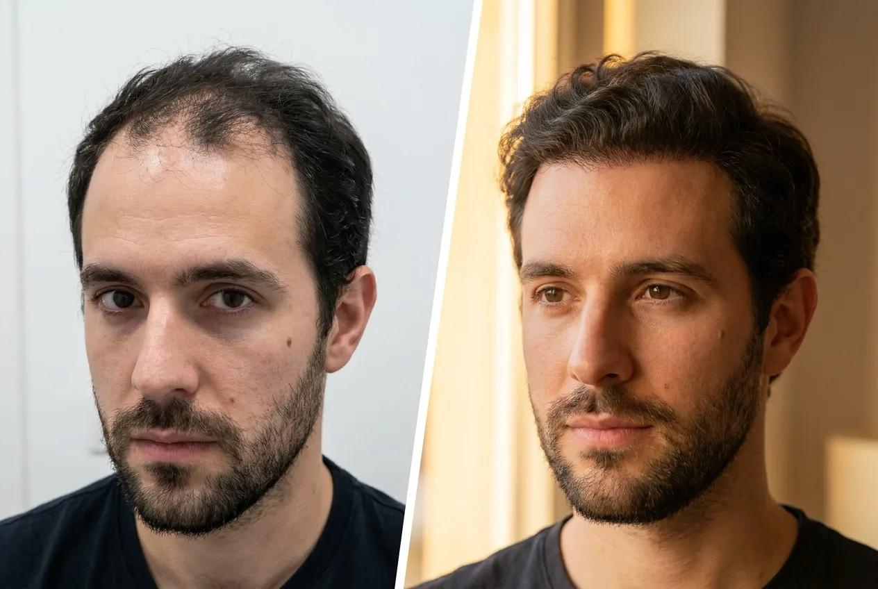 Résultat greffe de cheveux FUE Saphir Istanbul - 2600 greffons - 9 mois après - Vertex - Patient France - Renaissance Clinique Turquie