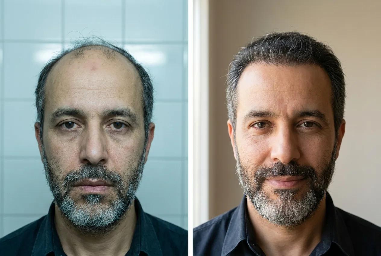 Résultat greffe de cheveux FUE Saphir + Choi Pen Istanbul - 4500 greffons - 14 mois après - Ligne frontale et Vertex - Patient Maroc - Renaissance Clinique Turquie
