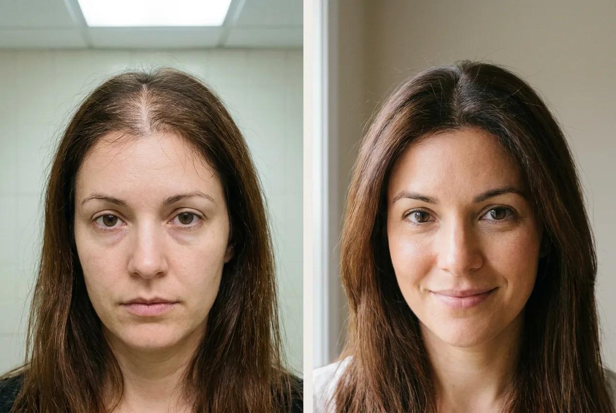 Résultat greffe de cheveux FUE Saphir Istanbul - 2400 greffons - 12 mois après - Ligne frontale et Raie centrale - Patient France - Renaissance Clinique Turquie