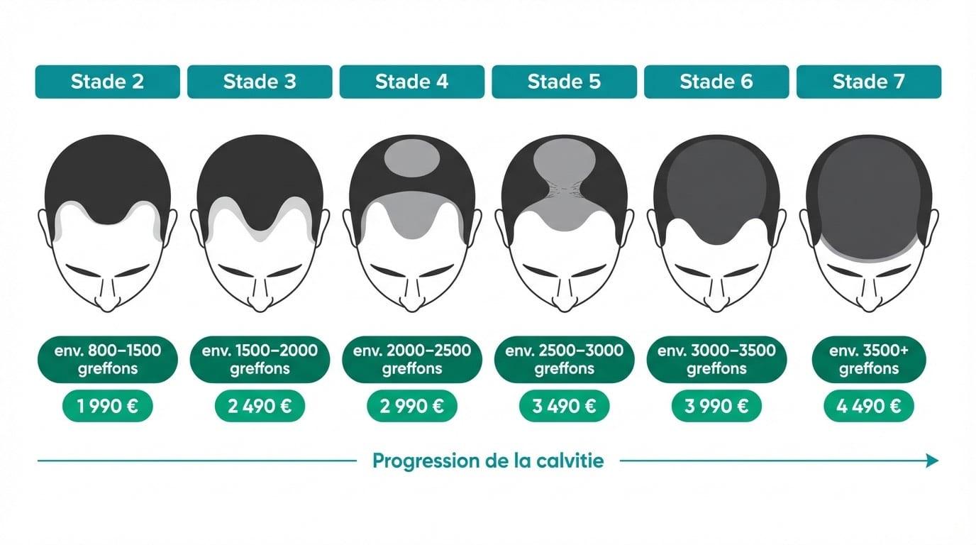 Prix greffe de cheveux par stade Norwood : de 1 990 € à 3 490 € Échelle Norwood stades 1 à 7 avec prix greffe de cheveux correspondants Istanbul 2026
