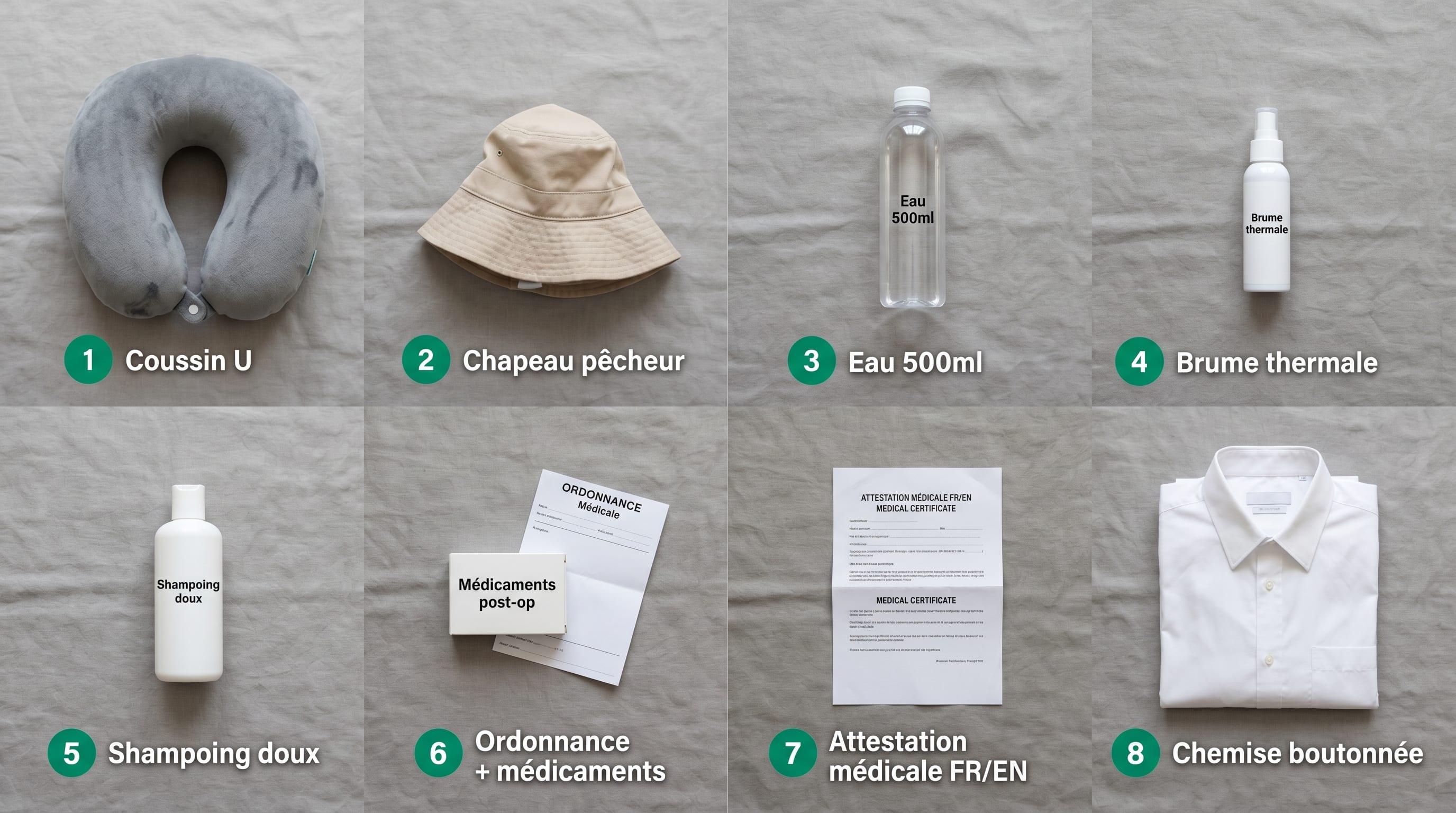 Infographie bagage cabine spécial greffe capillaire vue du dessus en flat lay, affichant exactement 8 éléments numérotés en français : 1 coussin de voyage en U, 2 chapeau de pêcheur ample beige, 3 bouteille d'eau 500 ml, 4 brume d'eau thermale 100 ml, 5 shampoing doux post-greffe 200 ml, 6 ordonnance et boîte de médicaments, 7 attestation médicale bilingue papier, 8 chemise boutonnée en coton pliée — style flat design avec badges numériques emerald et étiquettes en français