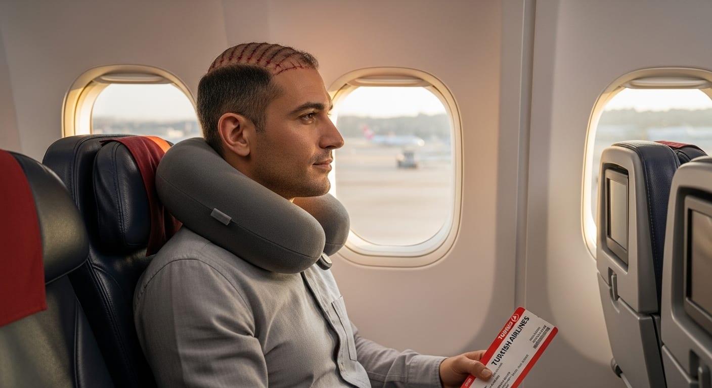 Patient masculin en classe éco confort d'un avion après greffe de cheveux, assis côté couloir avec coussin de voyage en U autour du cou pour protéger la zone donneuse, regardant par le hublot, aéroport d'Istanbul en arrière-plan au décollage