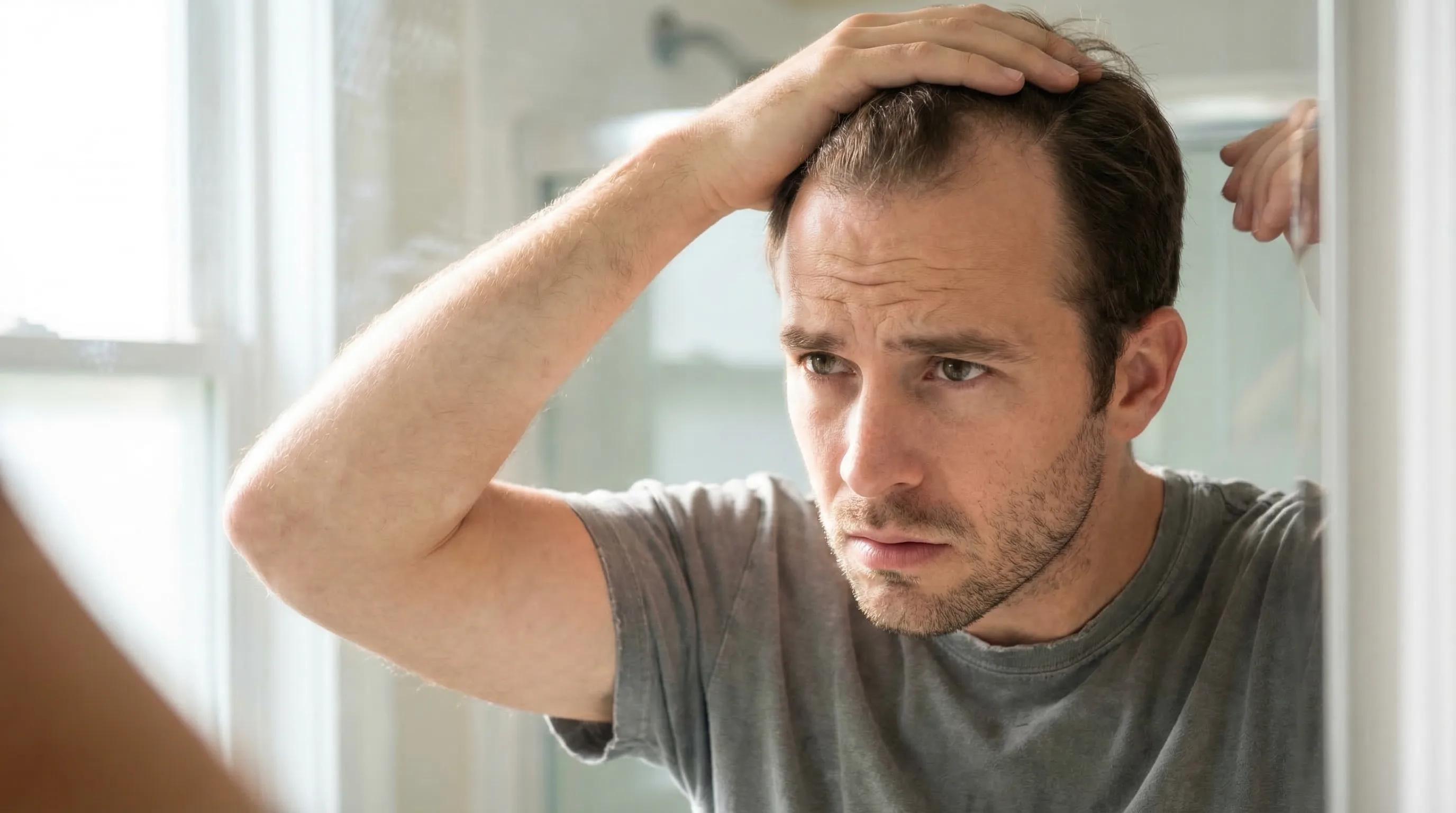 Alopécie androgénétique masculine : illustration des zones de perte de cheveux typiques chez l'homme (golfes temporaux, ligne frontale, vertex)