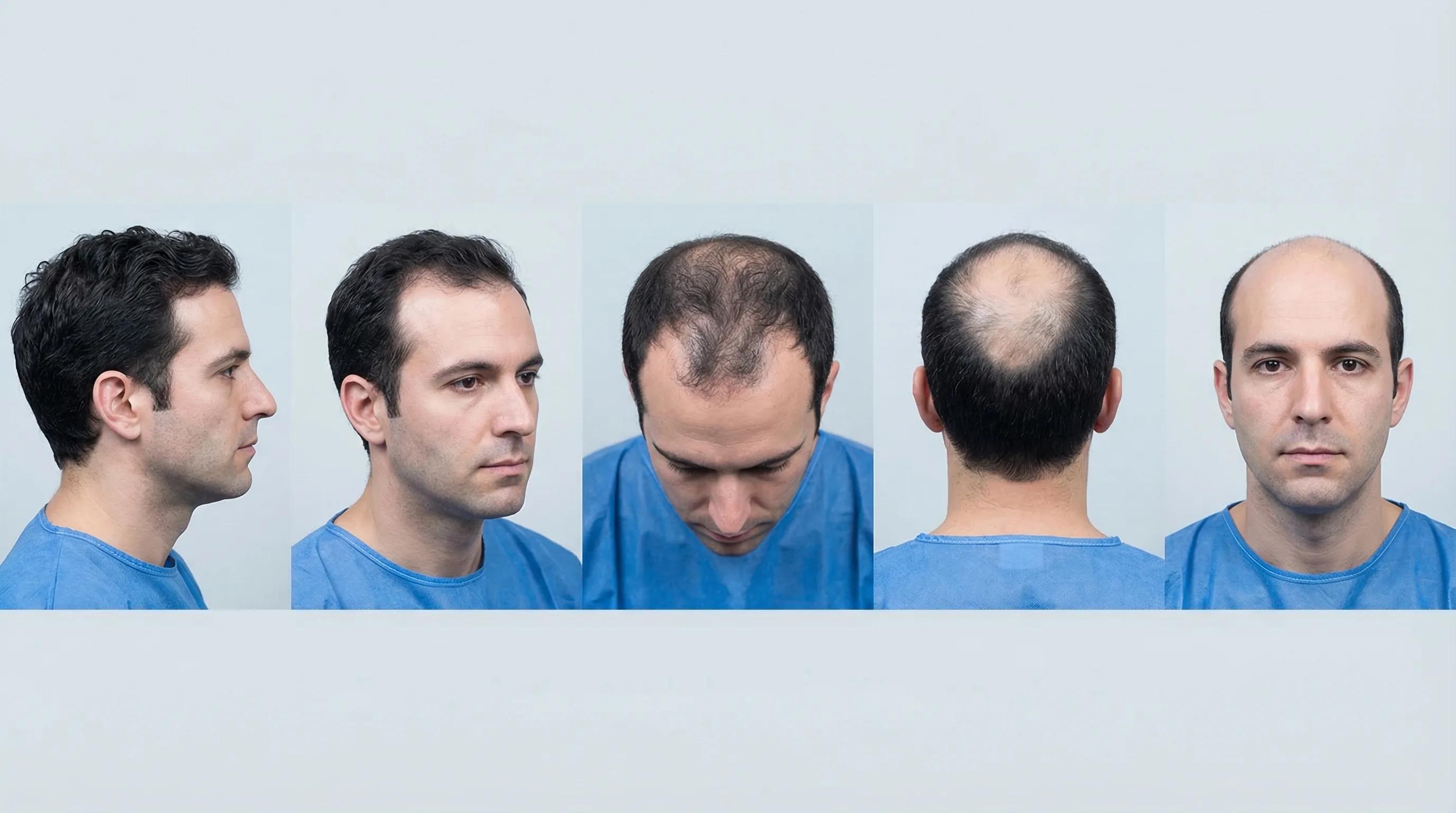 Évolution de la Calvitie Masculine — Les Stades de Progression | Renaissance Clinique Évolution progressive de la calvitie masculine : illustration des stades de la perte de cheveux du stade initial à la calvitie avancée