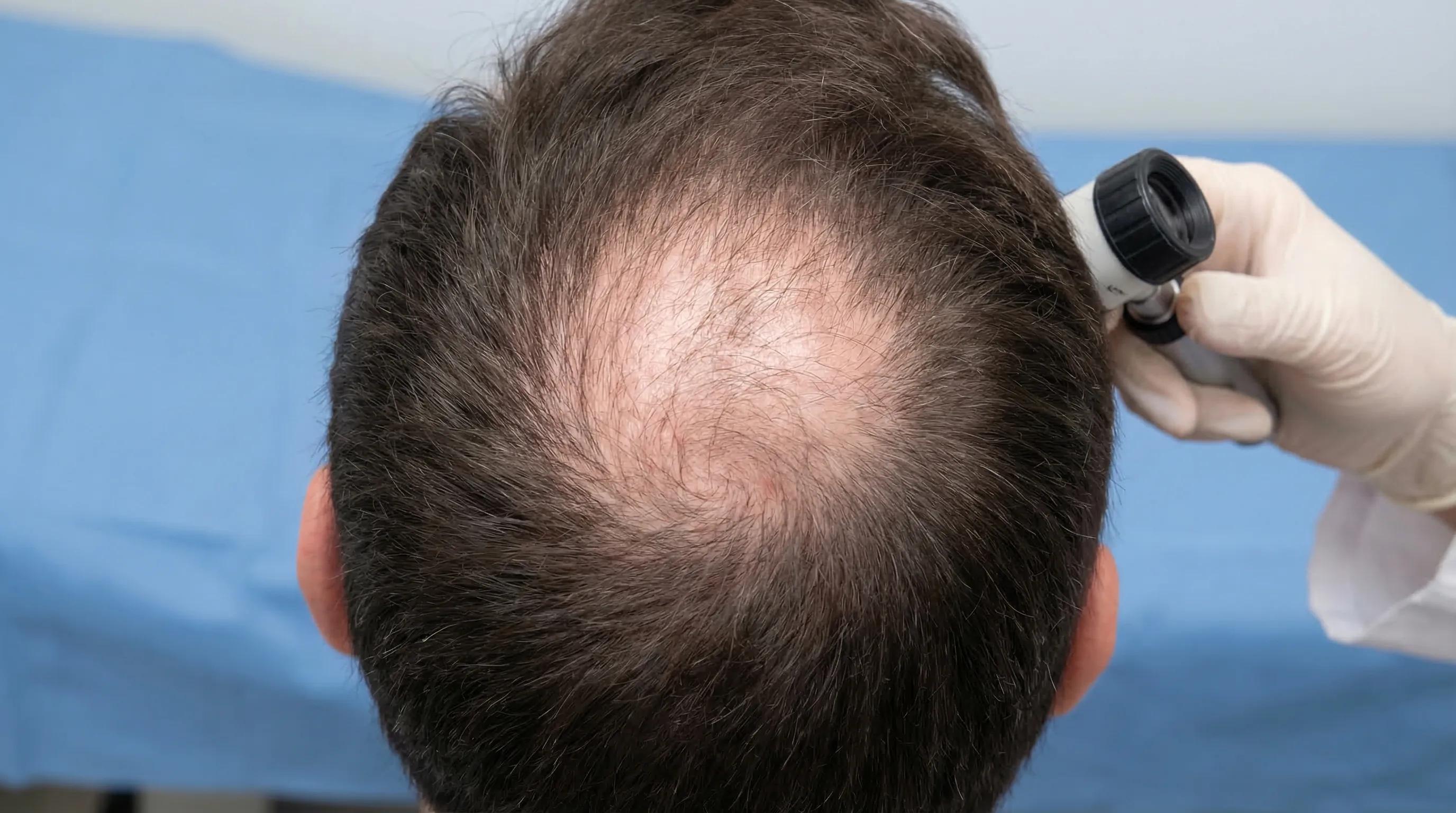 Calvitie du vertex (haut du crâne) : illustration de la perte progressive des cheveux au sommet de la tête, stades Norwood IIIv à VI