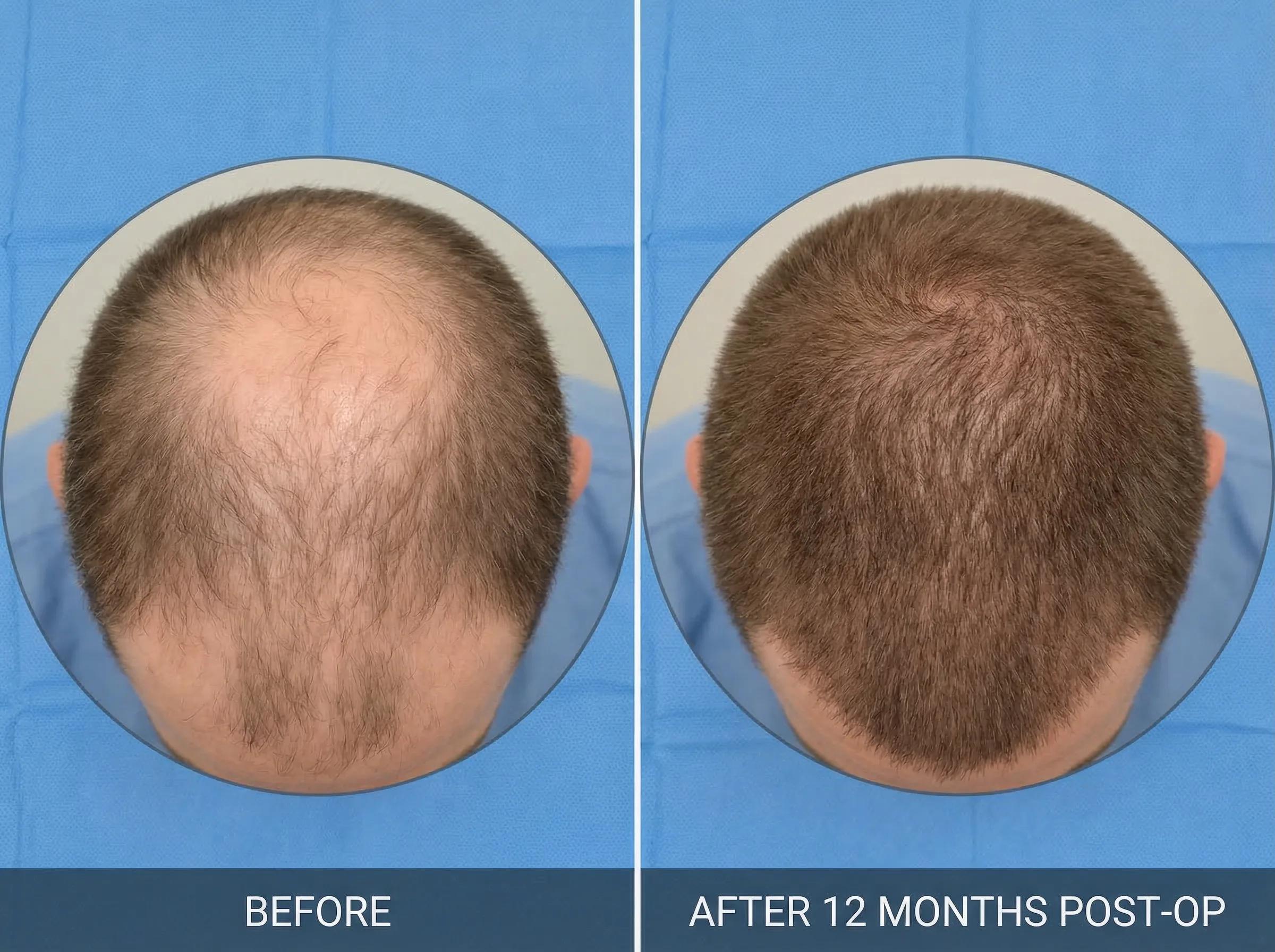 Résultat avant/après greffe de cheveux du vertex : restauration complète du sommet du crâne par technique FUE Saphir