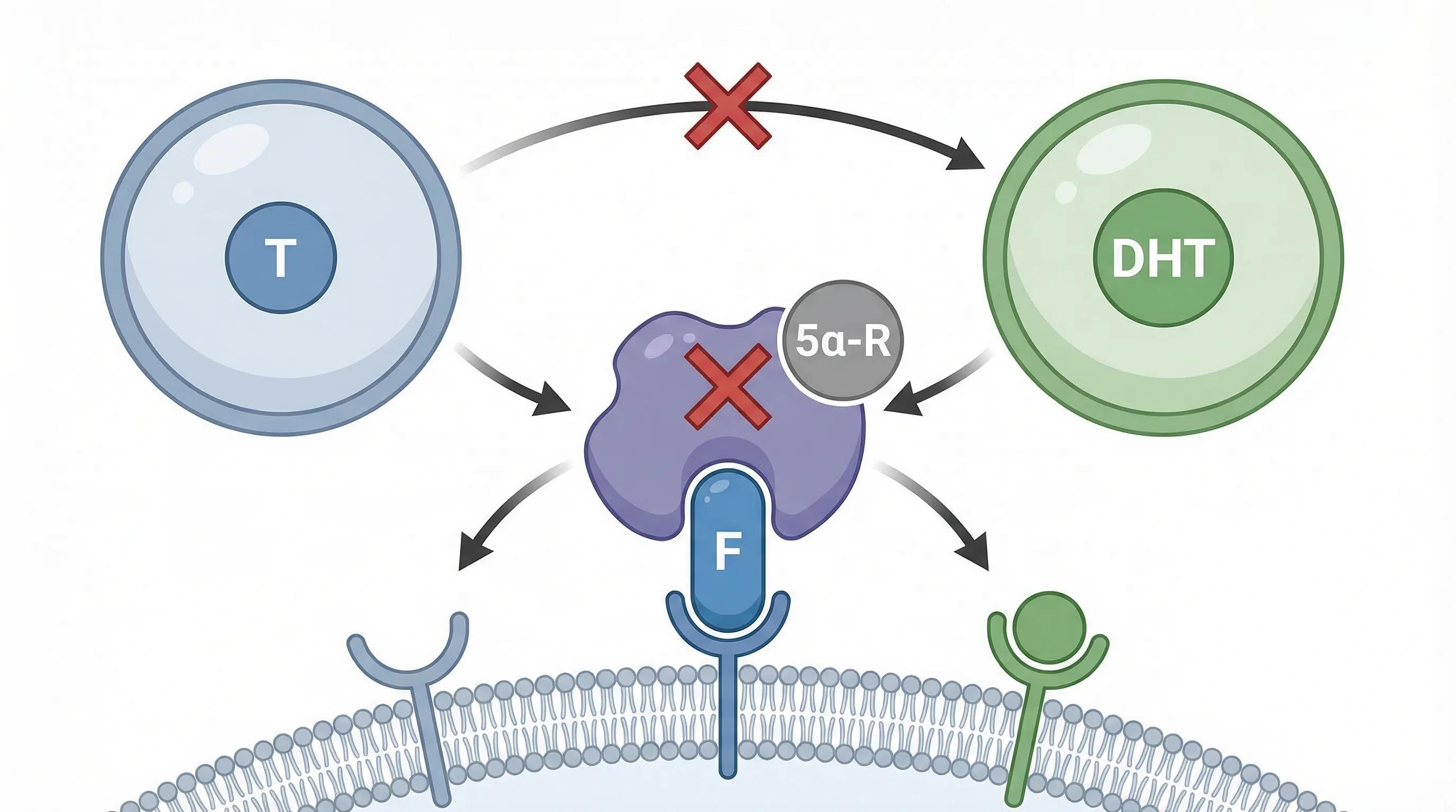 Mécanisme d'action du Finastéride : inhibition de la 5-alpha réductase, blocage de la conversion testostérone en DHT, protection des follicules pileux