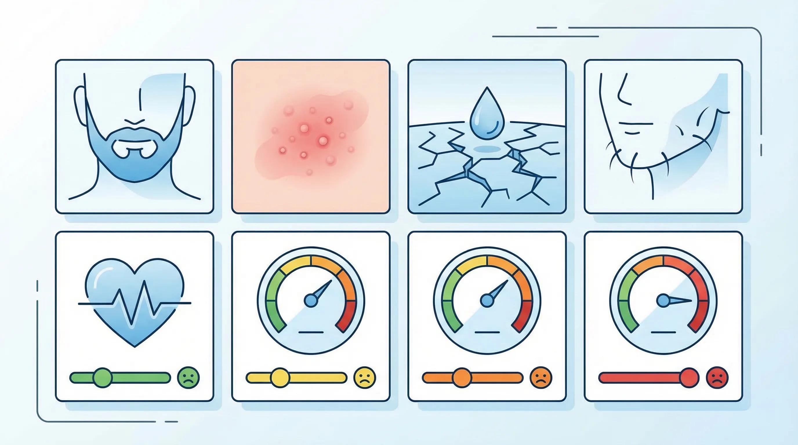 Effets Secondaires du Minoxidil sur la Barbe — Risques Documentés | Renaissance Clinique Effets secondaires du Minoxidil sur la barbe : sécheresse cutanée, irritation, acné et hypertrichose — comparaison avant et après l'utilisation