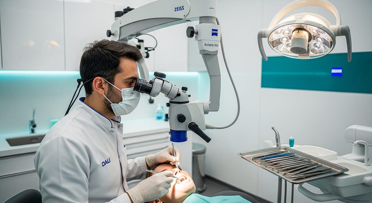Photographie clinique d'un dentiste utilisant un microscope opératoire Zeiss Extaro 300 pour examiner un implant dentaire atteint de péri-implantite, vue latérale du patient allongé en fauteuil Dali, luminaires LED sans ombre, ambiance de cabinet moderne Istanbul avec panneaux teal, focus sur l'expression concentrée du praticien