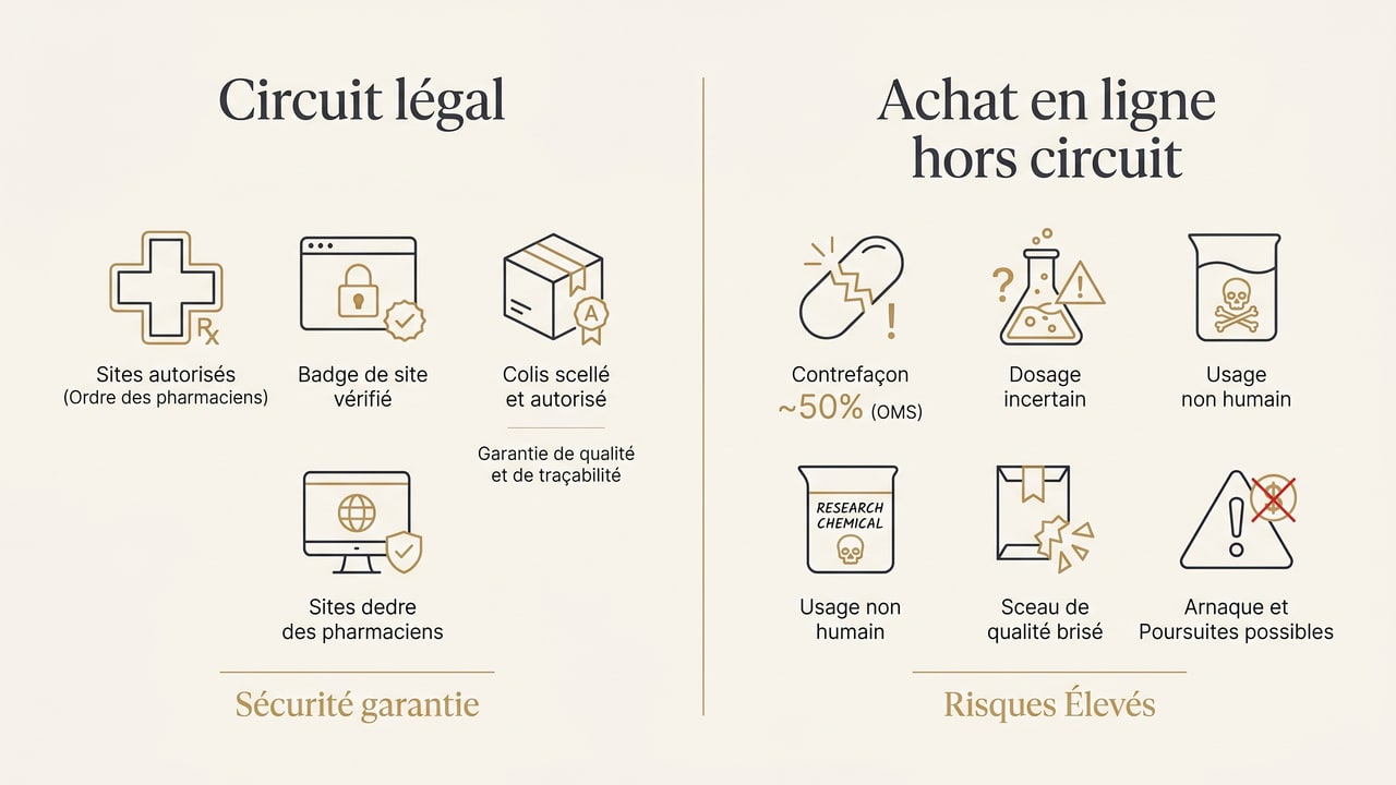Infographie comparant le circuit pharmaceutique légal et les risques de l'achat de clascotérone en ligne hors circuit : contrefaçon, dosage incertain, research chemical
