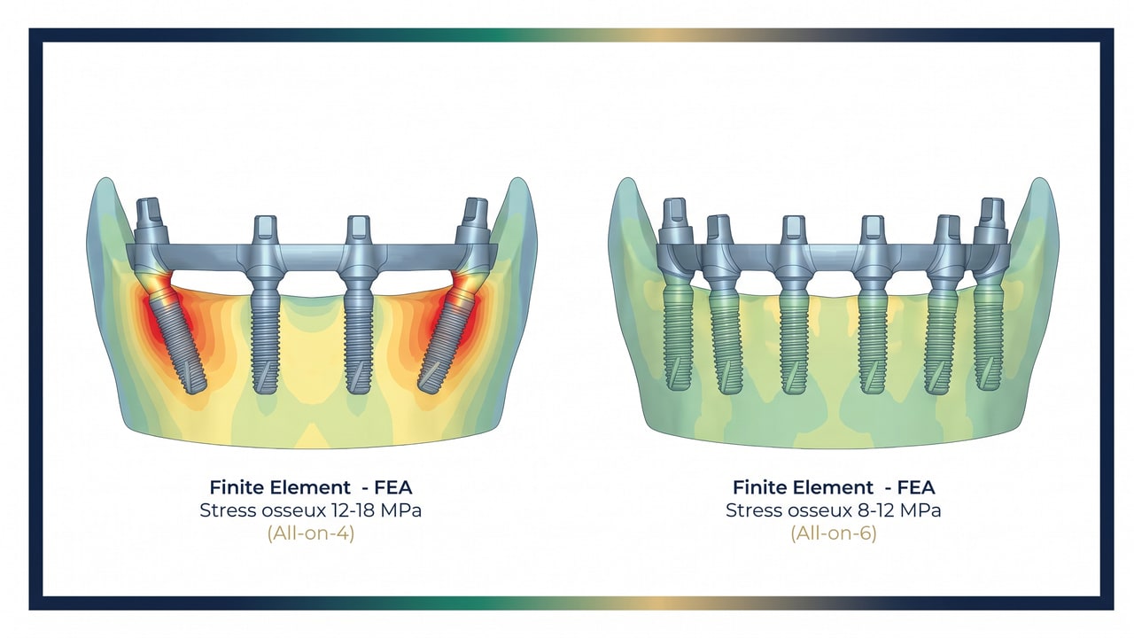Analyse par éléments finis comparant la distribution des forces masticatoires entre All-on-4 et All-on-6