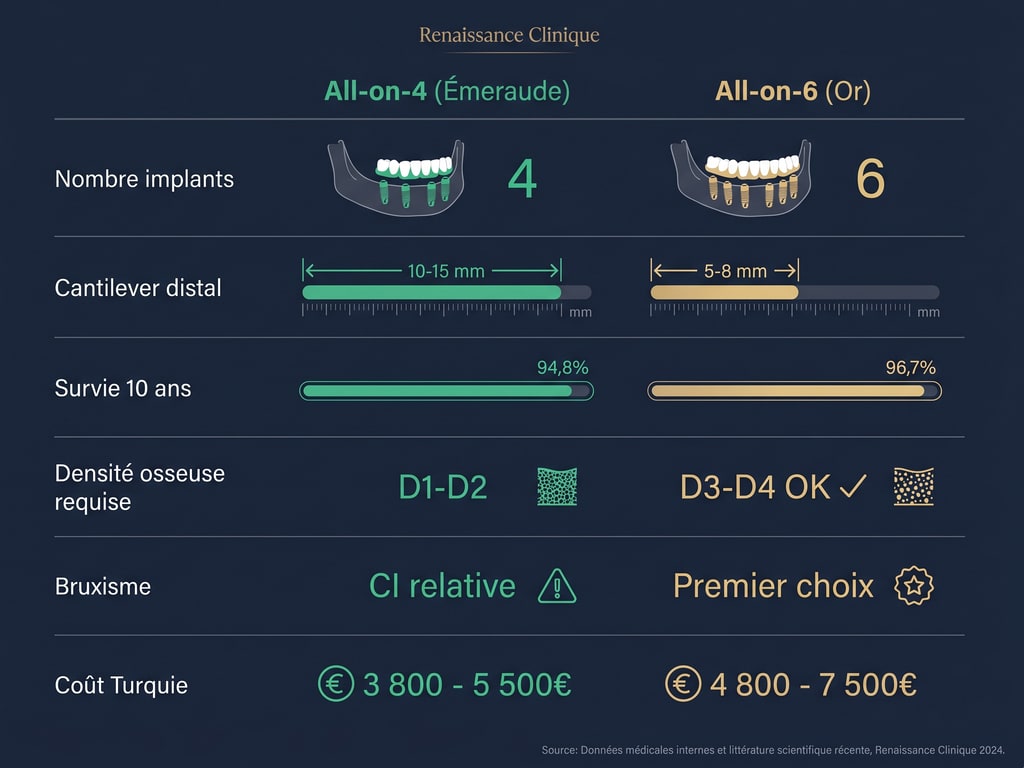 Tableau comparatif détaillé : All-on-4 vs All-on-6 sur 6 critères cliniques et économiques