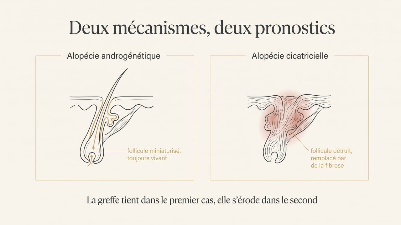 Schéma comparant un follicule miniaturisé dans une alopécie androgénétique et un follicule détruit remplacé par de la fibrose dans une alopécie cicatricielle