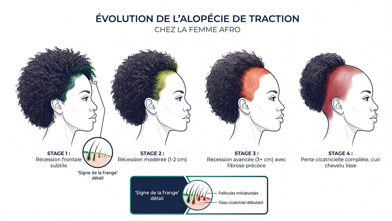 Les 4 stades évolutifs de l'alopécie de traction chez la femme afro avec mise en évidence du fringe sign