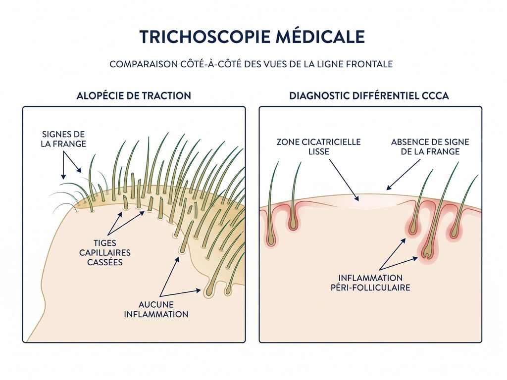 Trichoscopie comparative : alopécie de traction (fringe sign) vs CCCA — diagnostic différentiel