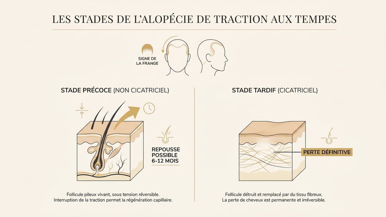 Infographie comparant le stade précoce non cicatriciel (repousse possible) et le stade tardif cicatriciel (perte définitive) de l'alopécie de traction des tempes.